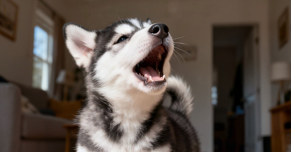 Husky puppy barking in a living room, barking dog bylaw in Edmonton, Bark Busters